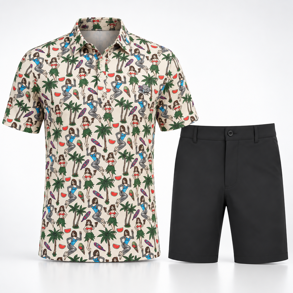 Cream tropical-print polo displayed beside black shorts.