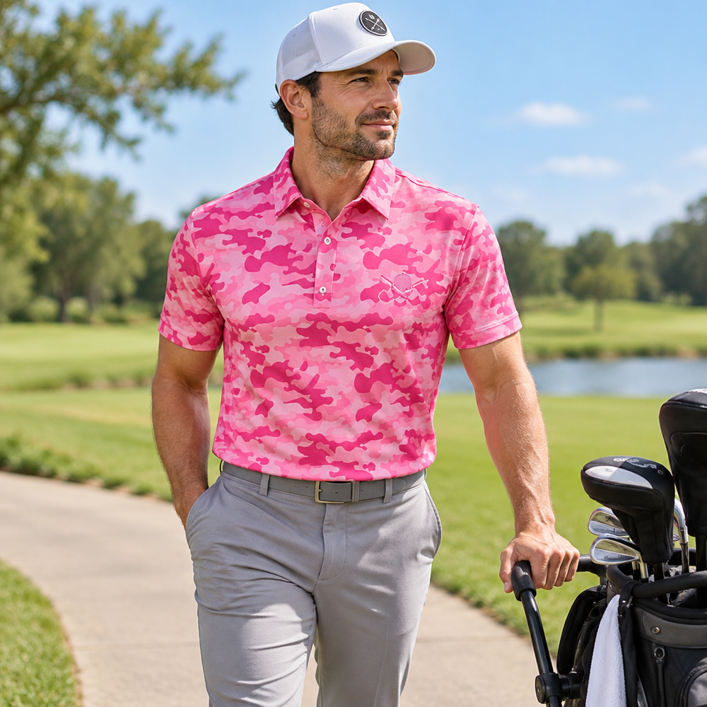 Golfer in a pink camouflage polo and white cap standing beside a golf bag.