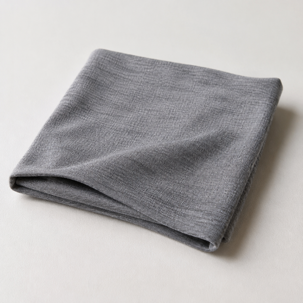 Folded grey fabric swatch displayed on a light surface.