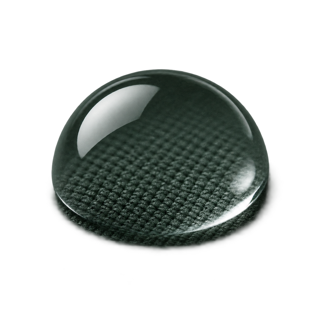 Illustration of a clear water droplet over green textured fabric.