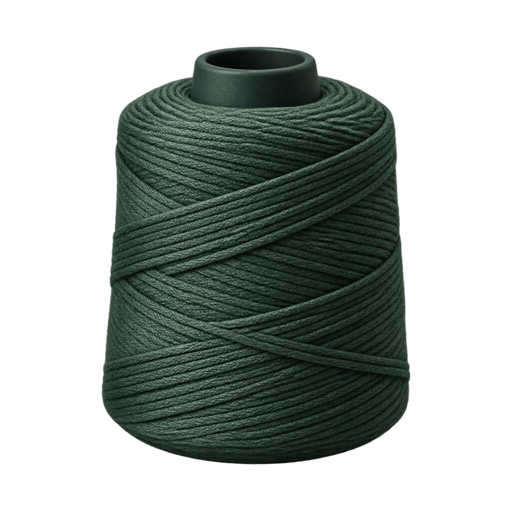 Illustration of a spool of dark green thread.