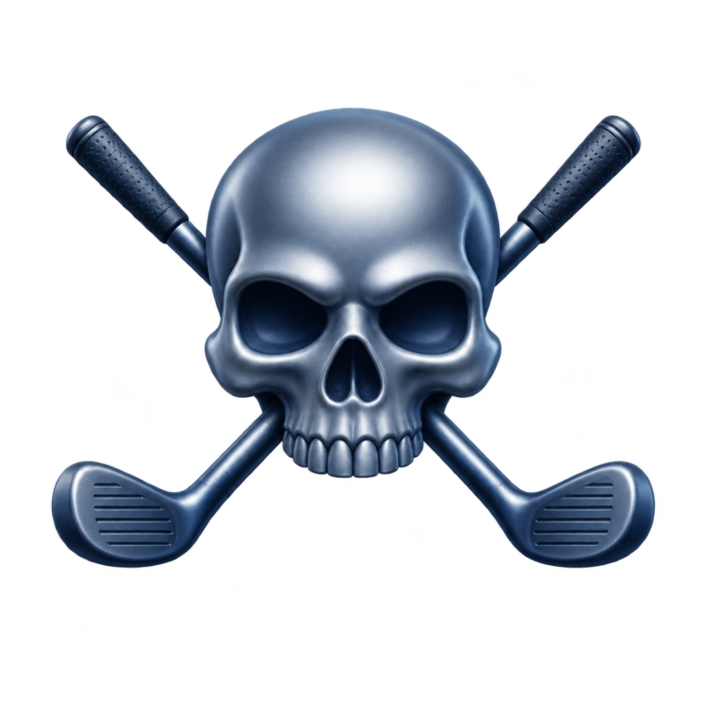 Silver skull with two crossed golf clubs against a dark blue background.