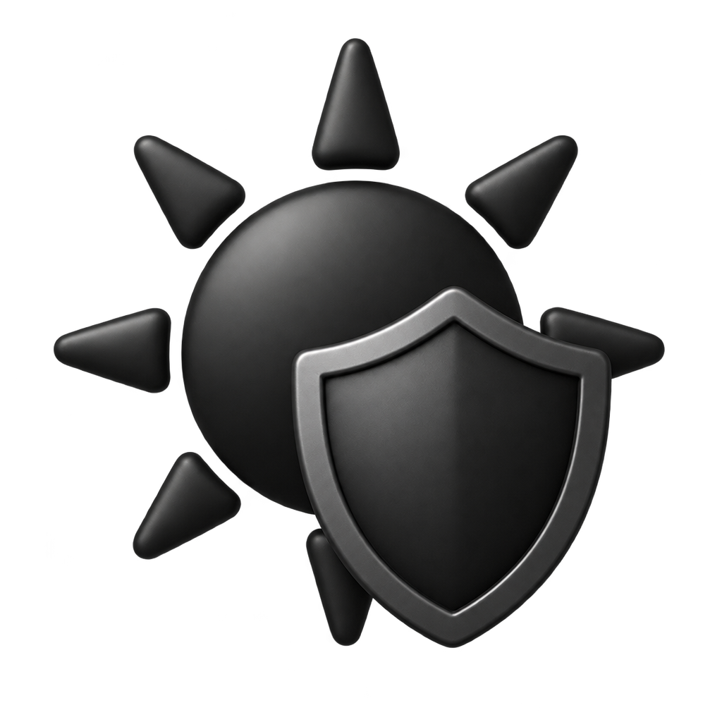 Black sun-and-shield icon.