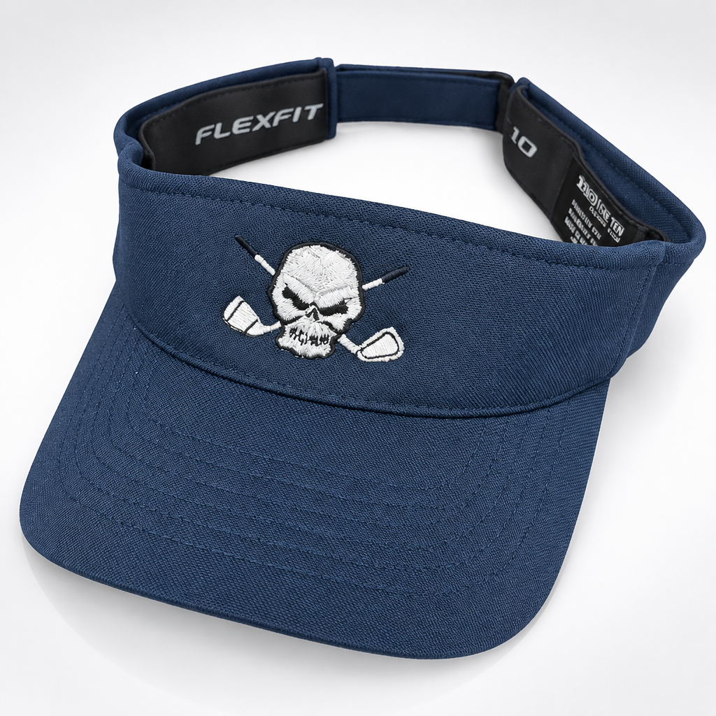 Closer front view of a navy skull-logo visor.