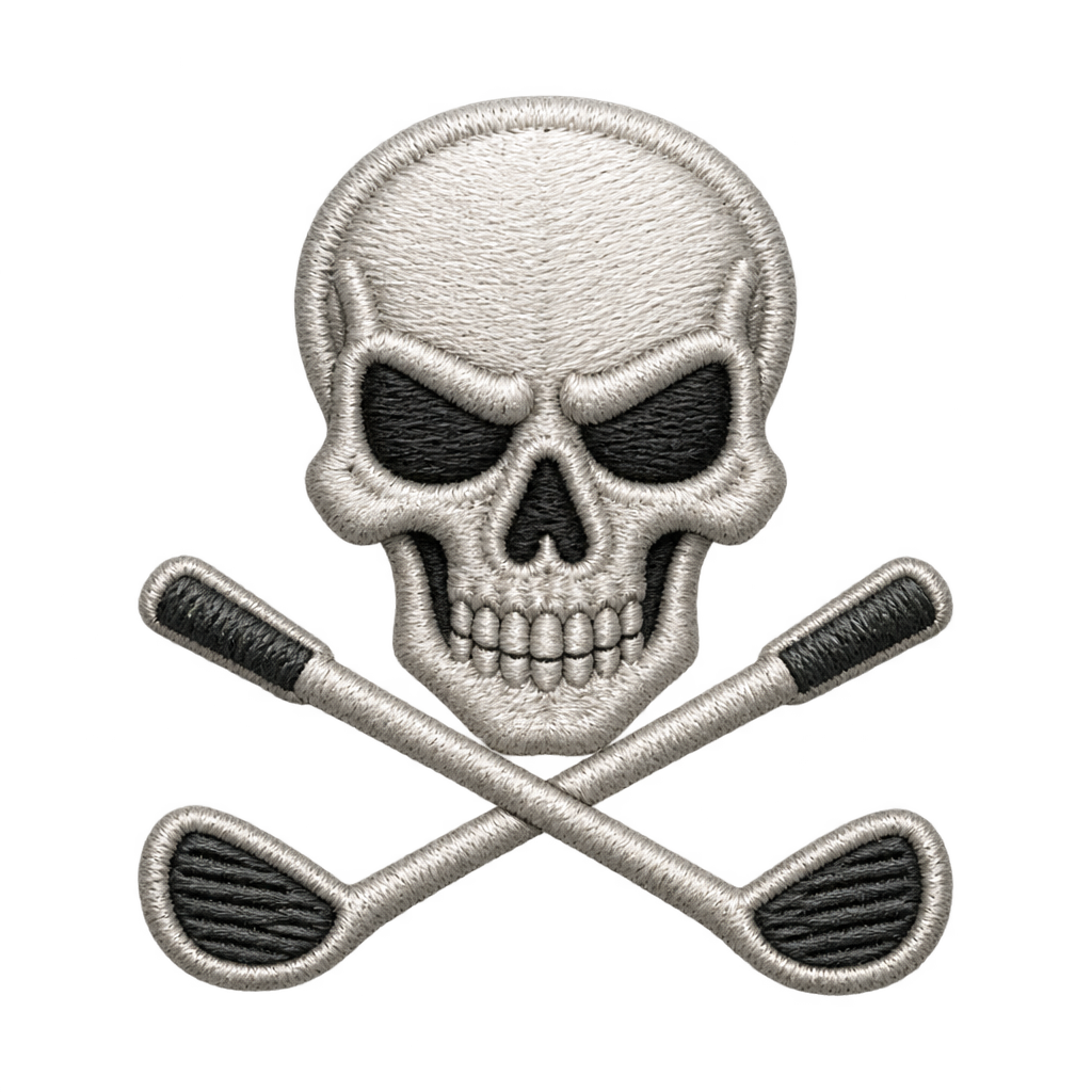 Cream-colored embroidered-style skull-and-crossed-clubs illustration.