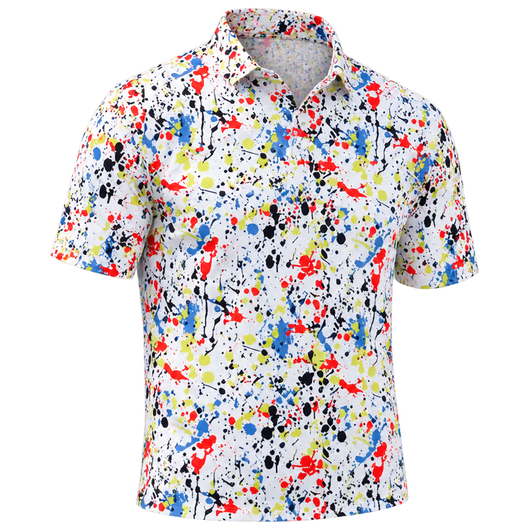 Front view of a white polo with red, blue, yellow and black paint splatters.