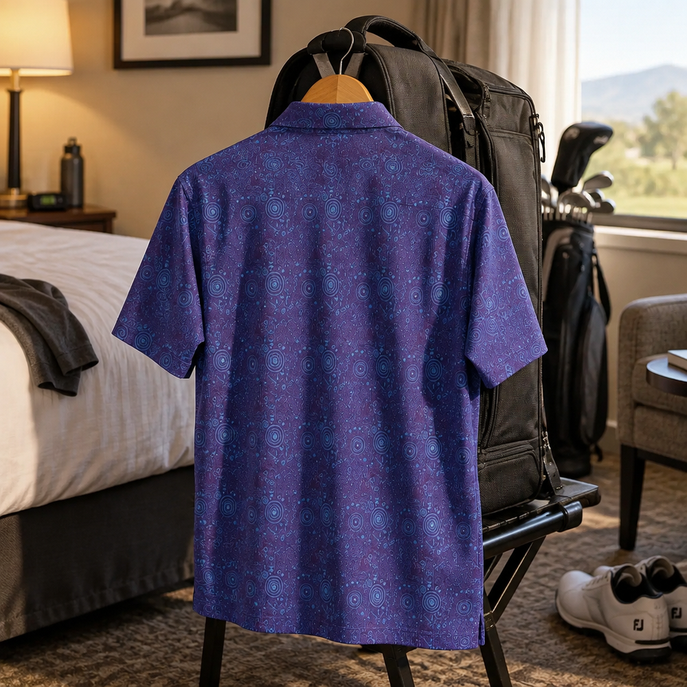 Back view of the Tattoo Golf Hazard purple and blue golf polo on a hanger in front of a black travel bag.