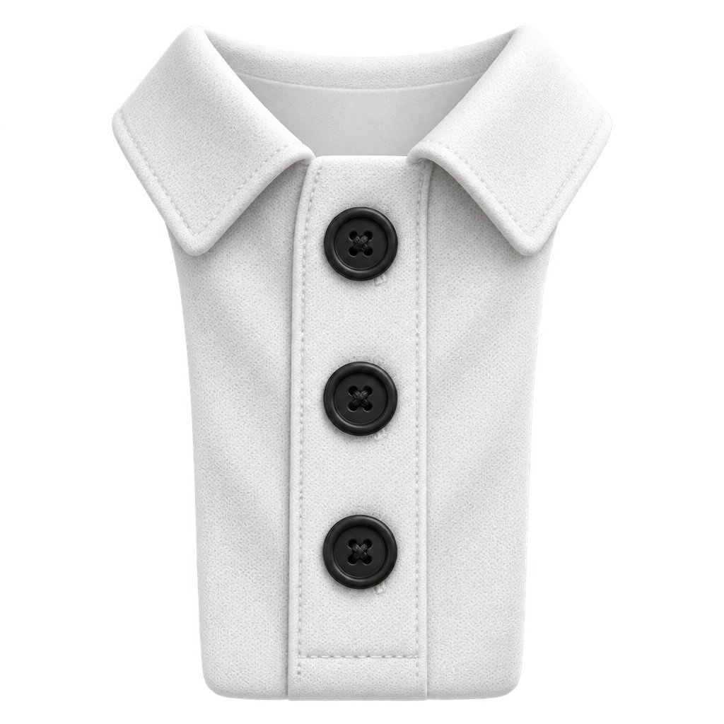 Illustration of a white collar and placket with three black buttons.