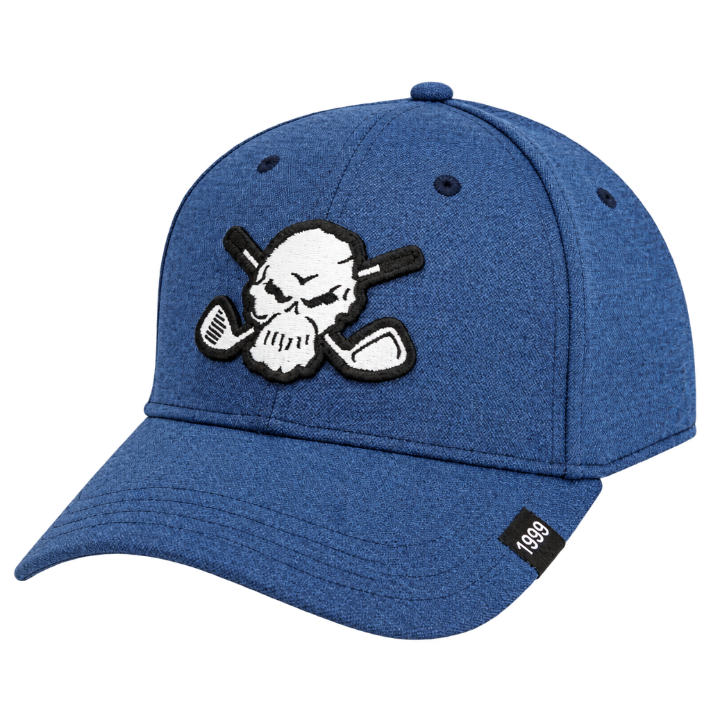 Blue curved-brim skull-patch cap with a small black 1999 label.