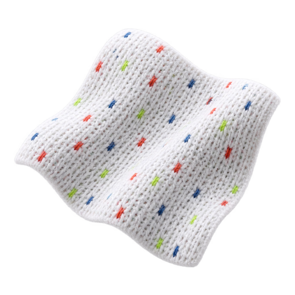 Illustration of a white knitted swatch with small colorful marks.