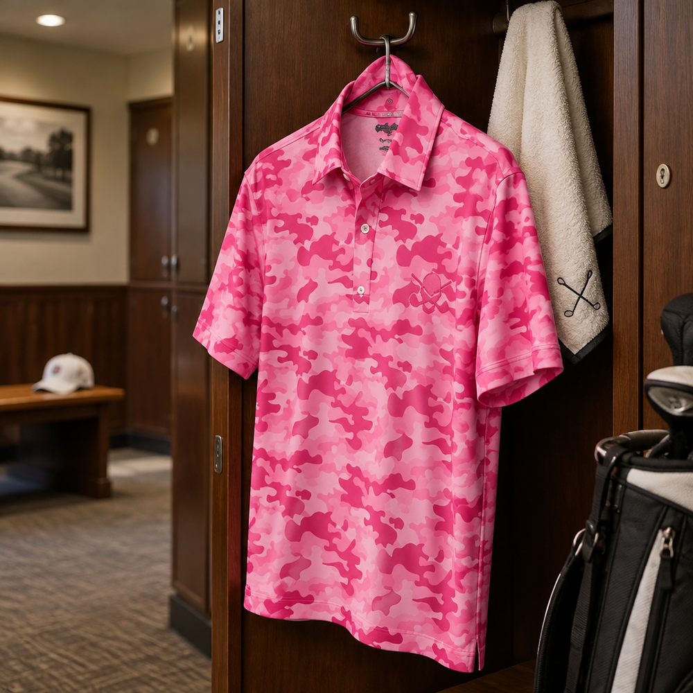 Pink camouflage polo hanging in a wooden locker.