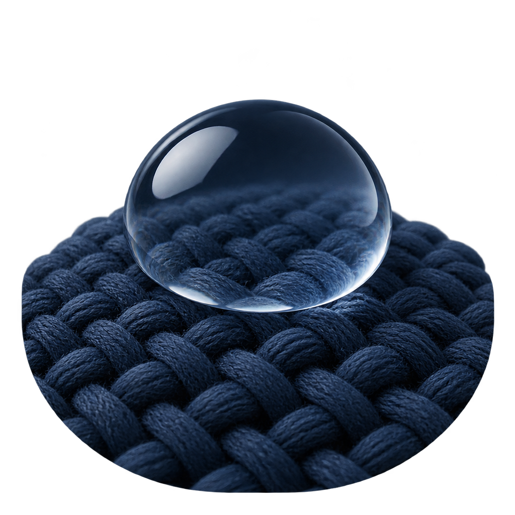 Illustration of a clear water droplet resting on navy knit stitches.