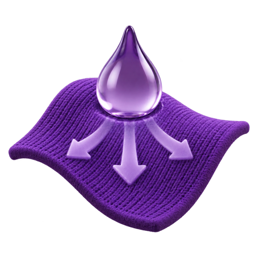Illustration of a purple water droplet and three arrows spreading over a knitted swatch.