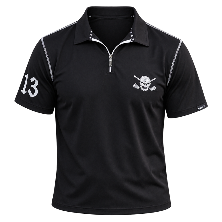Front view of a black quarter-zip polo with white piping, skull chest logo and sleeve number 13.