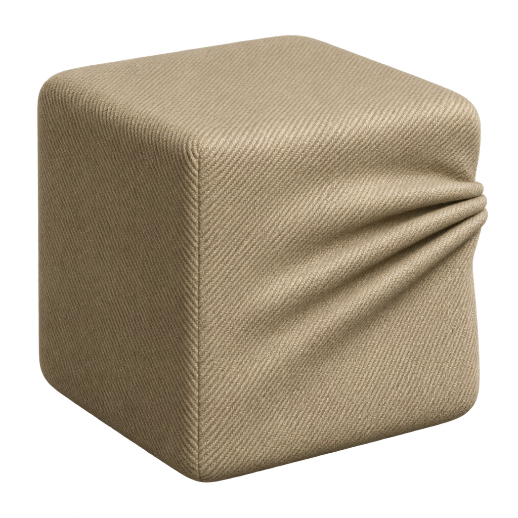 Illustration of a cube covered in textured khaki fabric, with folds along one side.