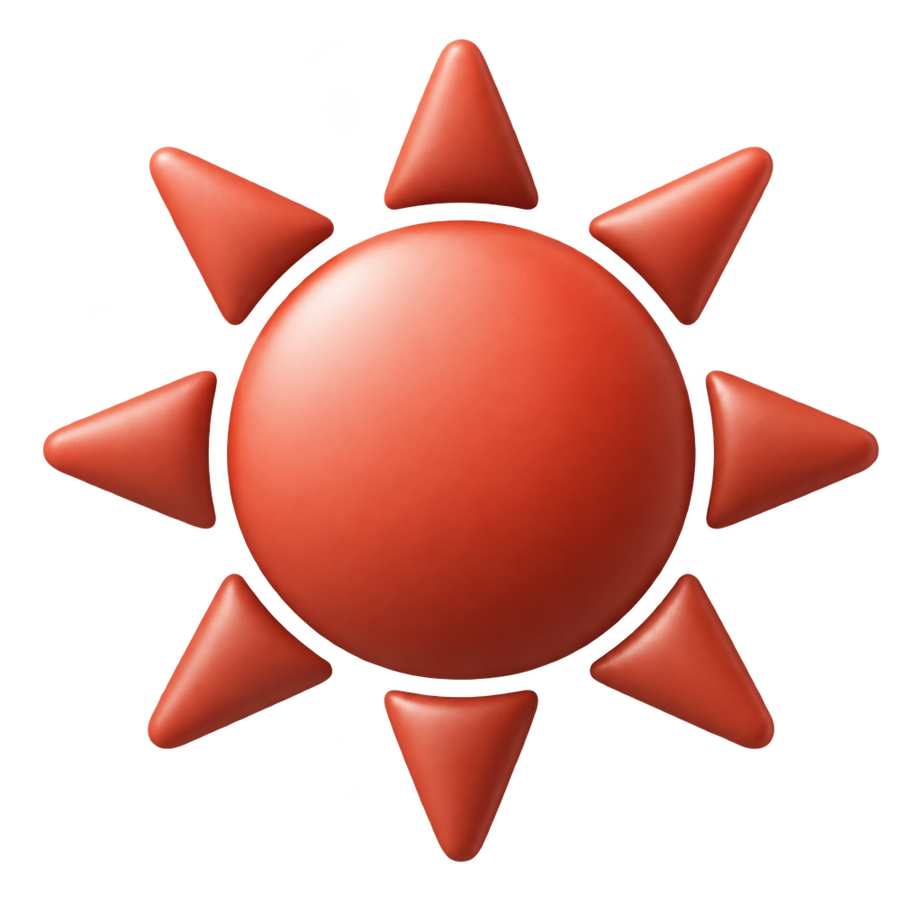 Glowing red sun icon with pointed rays against a dark background.