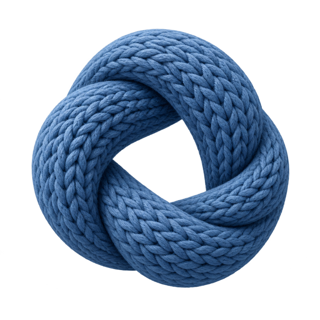 Illustration of blue knitted fabric formed into an interlocking circular knot.
