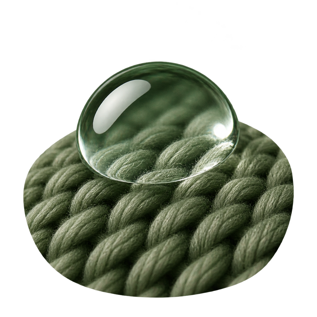 Illustration of a clear water droplet on olive braided fibers.