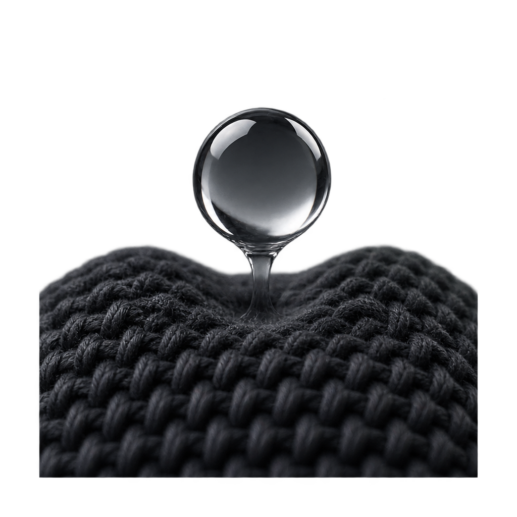 Illustration of a clear water droplet above black knitted fabric.