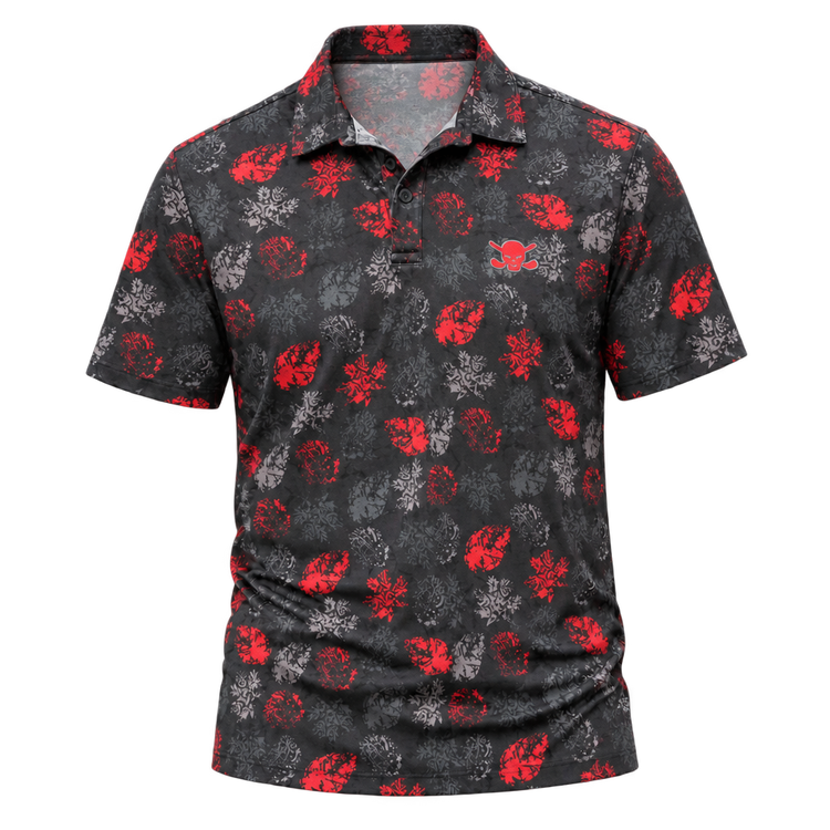 Front view of a black red-and-grey floral polo with folds at the waist.