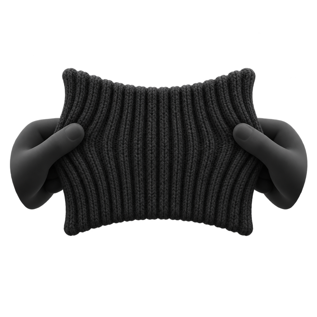 Illustration of hands stretching a black rib-knit swatch sideways.
