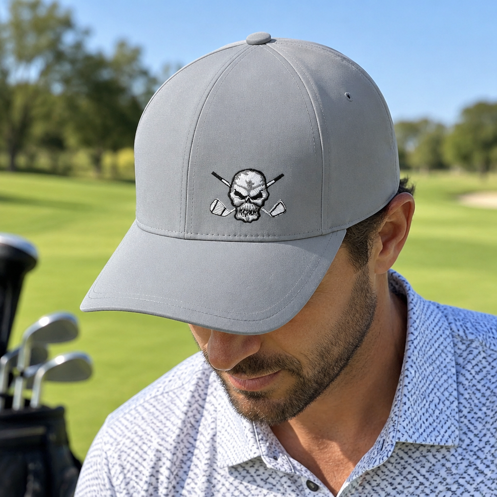 Close-up of a golfer wearing a grey skull-logo cap, looking downward.