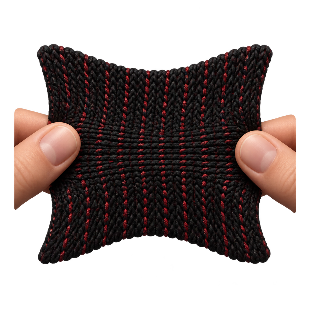 Illustration of hands pulling a black and red knitted swatch sideways.