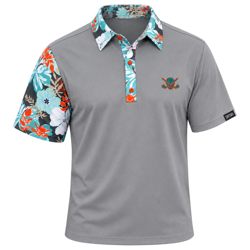 Front view of a grey VIP polo with teal floral collar, placket and right sleeve, plus a small chest logo.