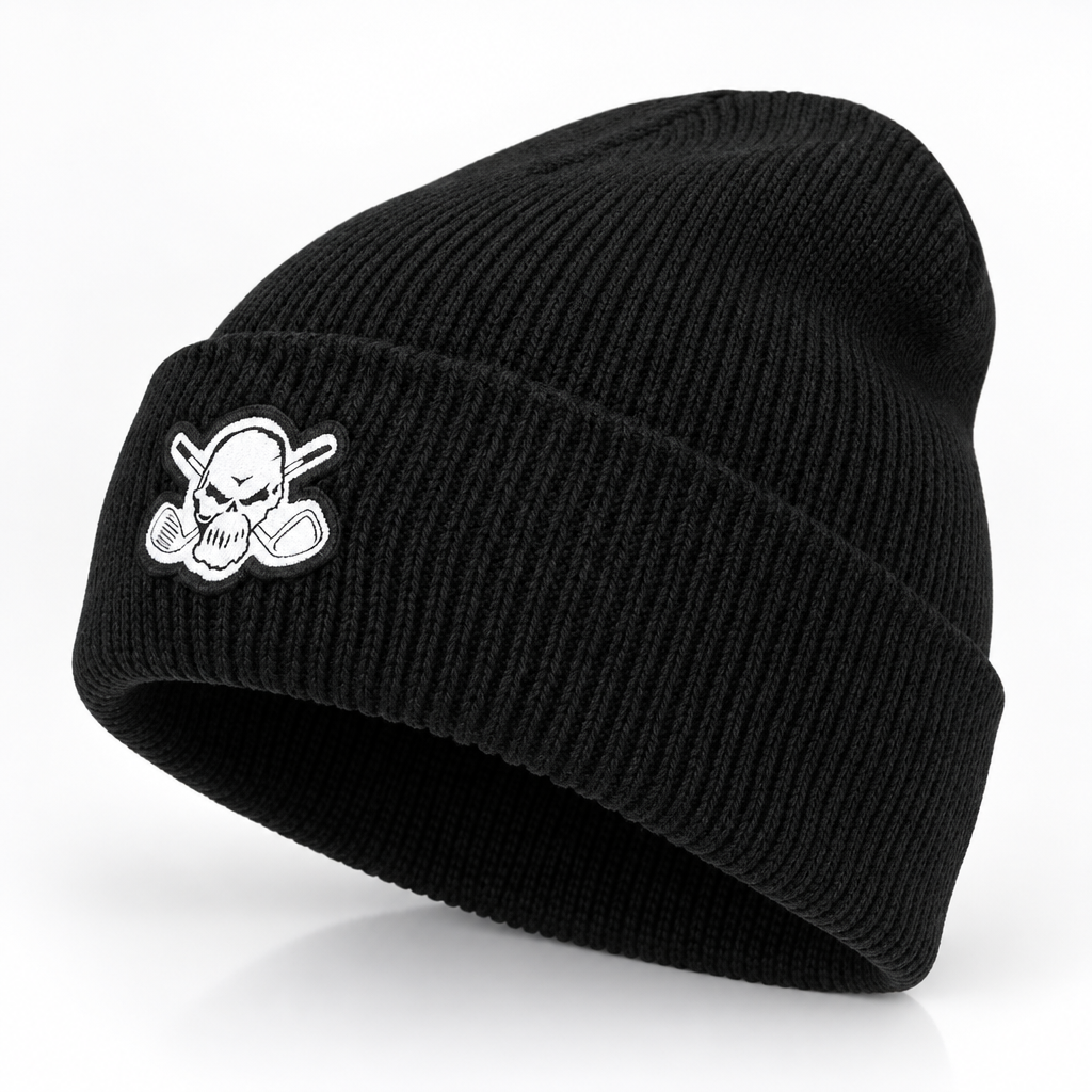 Angled view of a black skull-patch knit beanie.