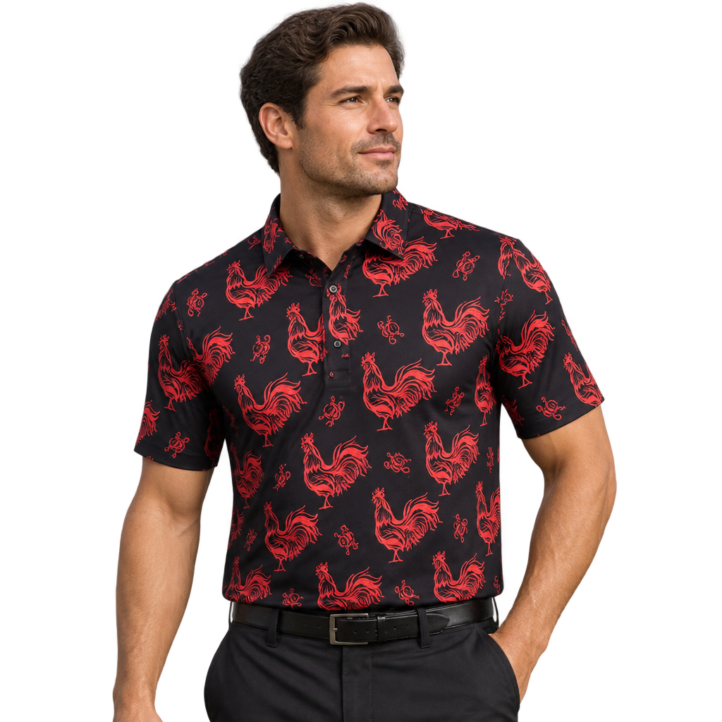 Man wearing a black golf polo with red rooster graphics.