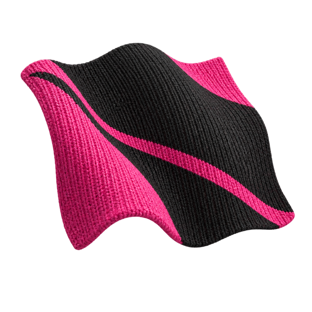 Illustration of black and pink knitted fabric with a curved pink stripe.