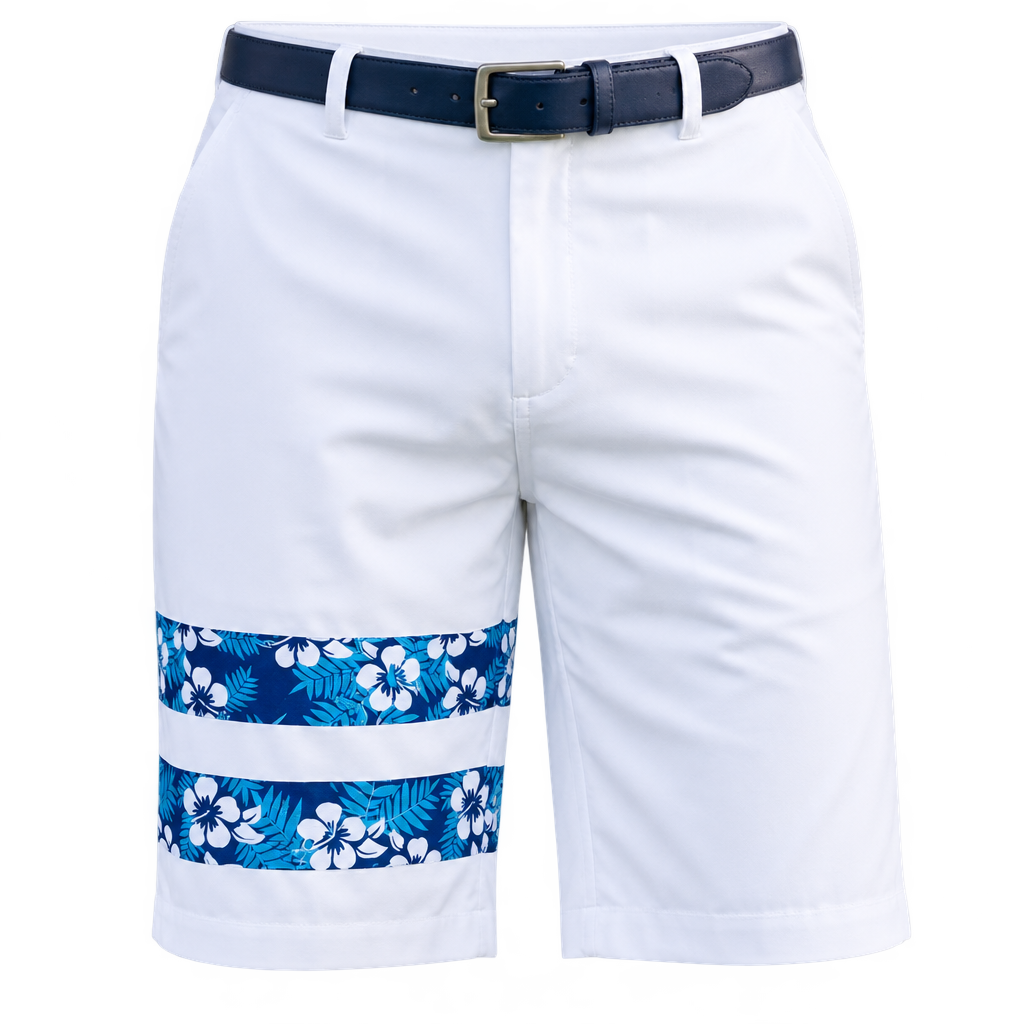 Front view of white golf shorts with two blue floral leg bands and a navy belt.