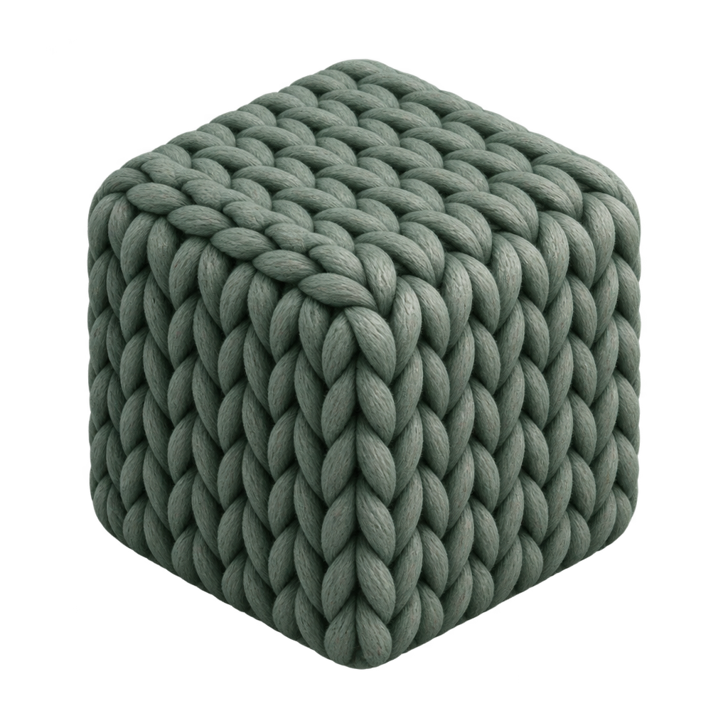 Illustration of a green-grey cube covered in thick interlocking knit stitches.