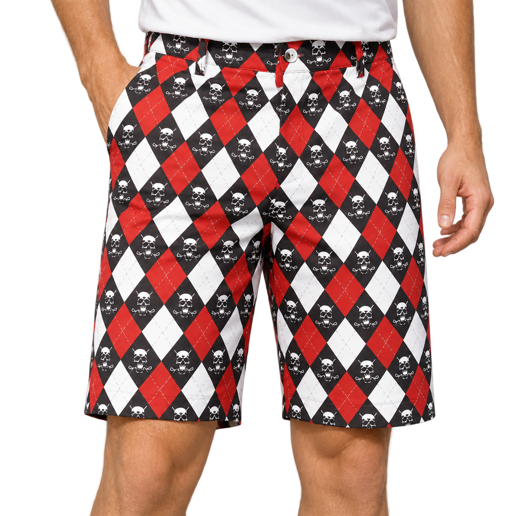 Man wearing red, white and black argyle golf shorts with small skull motifs and a white polo.