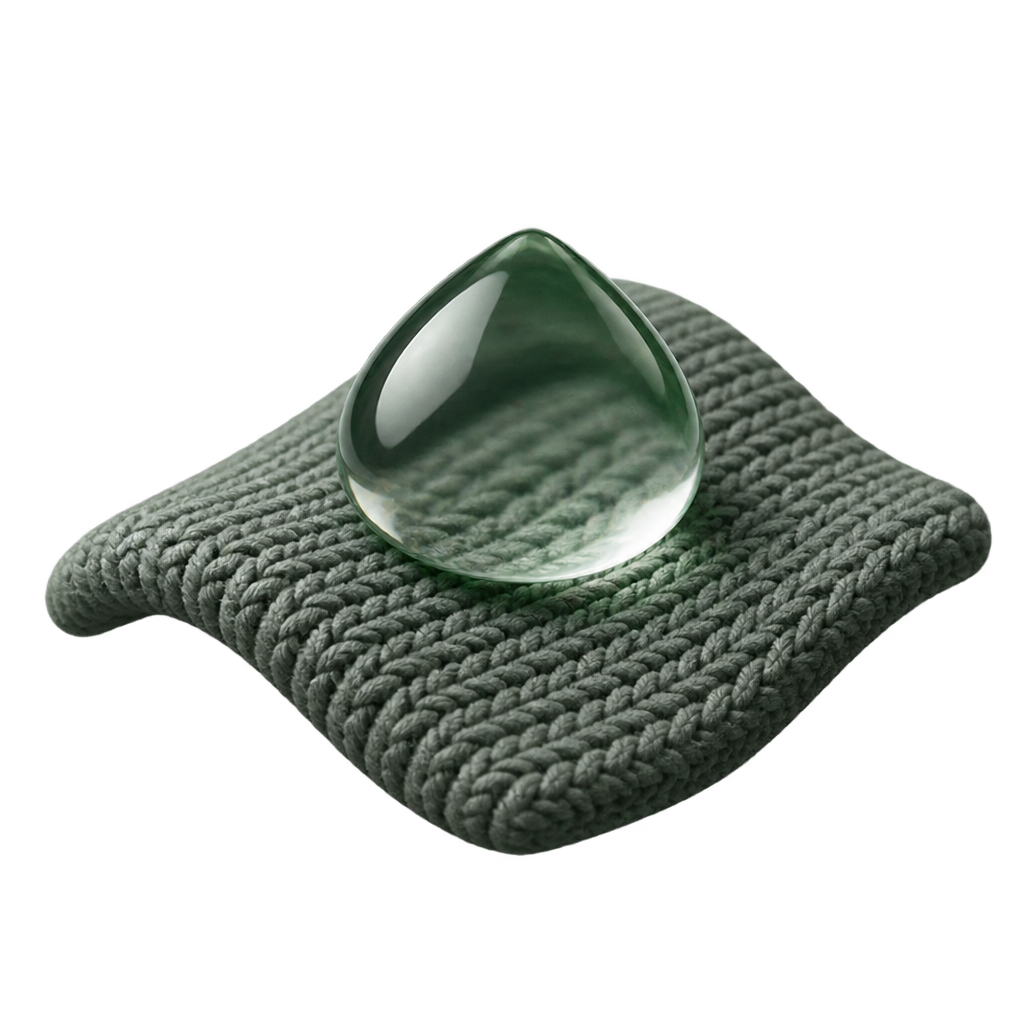 Illustration of a clear water droplet resting on a green-grey knitted swatch.
