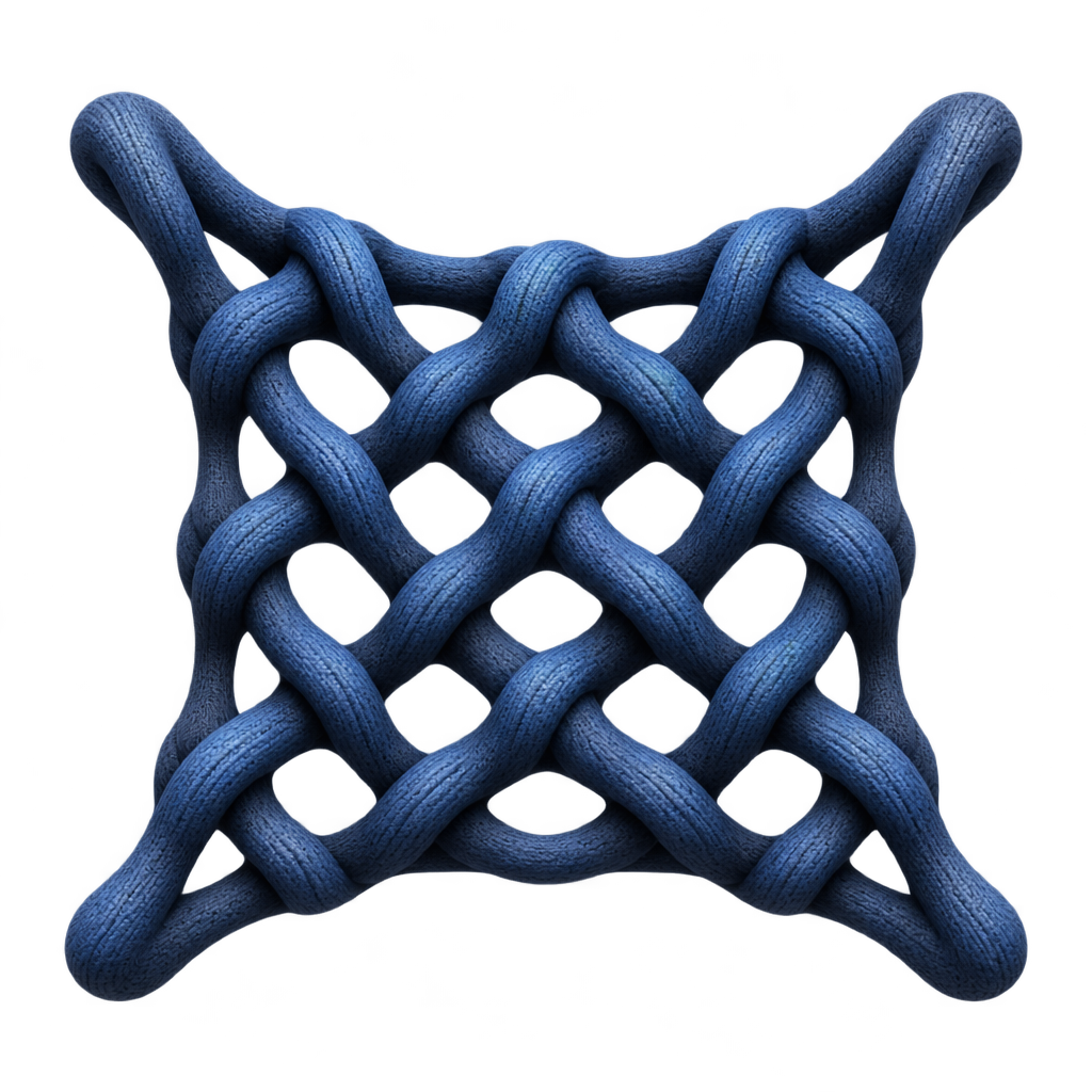 Illustration of enlarged blue interlocking knit stitches.