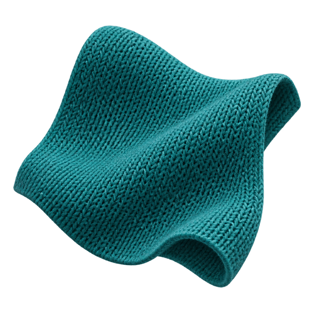 Illustration of a folded teal knitted swatch.