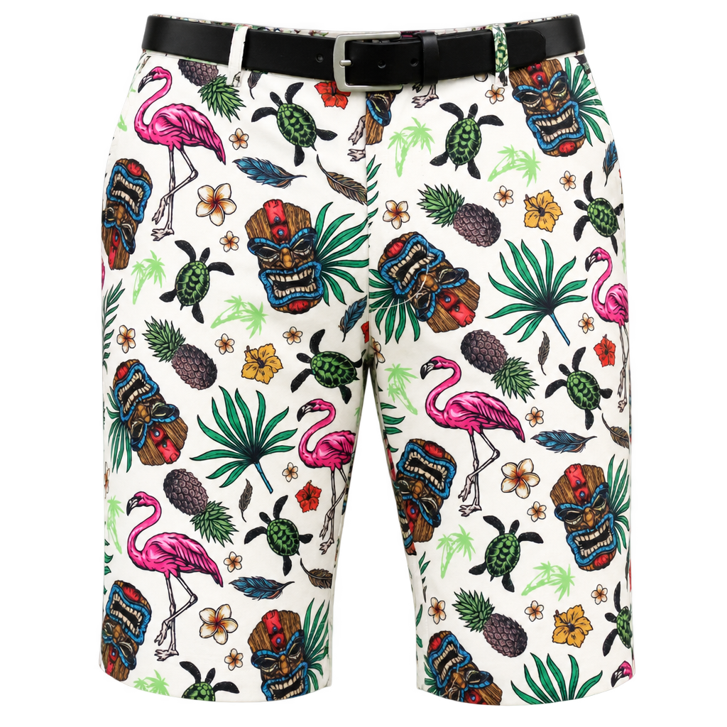 Front view of white Tiki golf shorts with a black belt and colorful tiki, flamingo, turtle and tropical plant graphics.