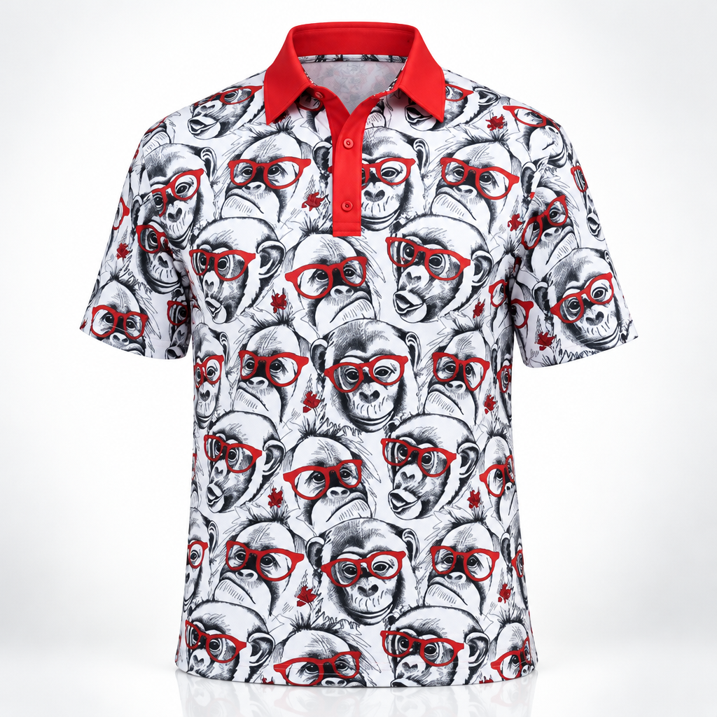 White monkey-print polo with red trim displayed on white.
