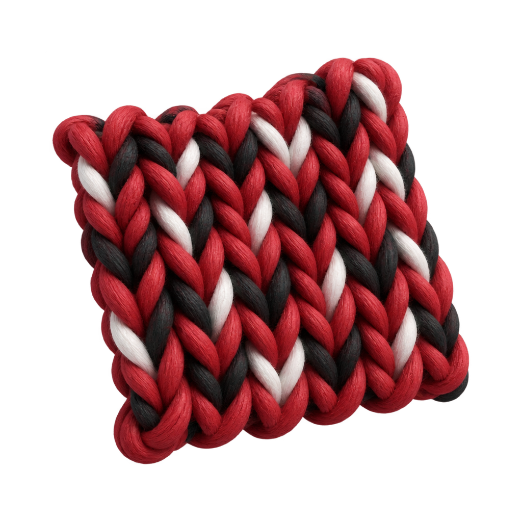 Illustration of a knitted swatch made from red, white and black stitches.