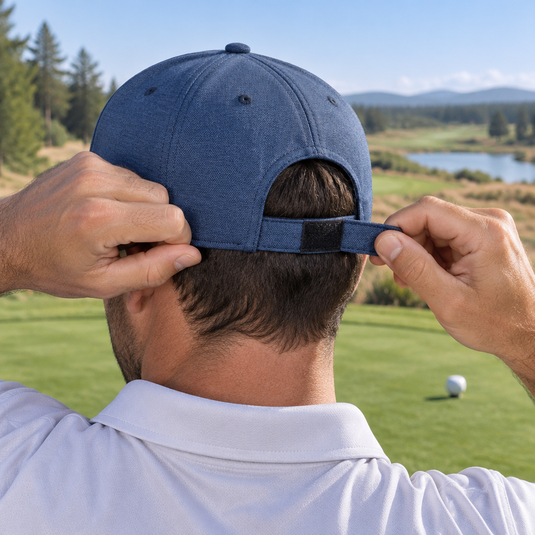 Rear view of a golfer adjusting a blue cap's strap.
