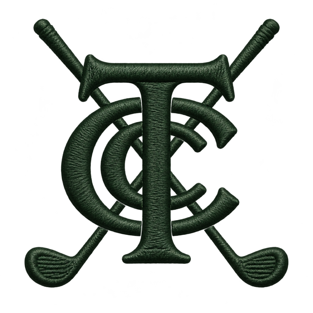 Dark green embroidered-style monogram with crossed golf clubs.