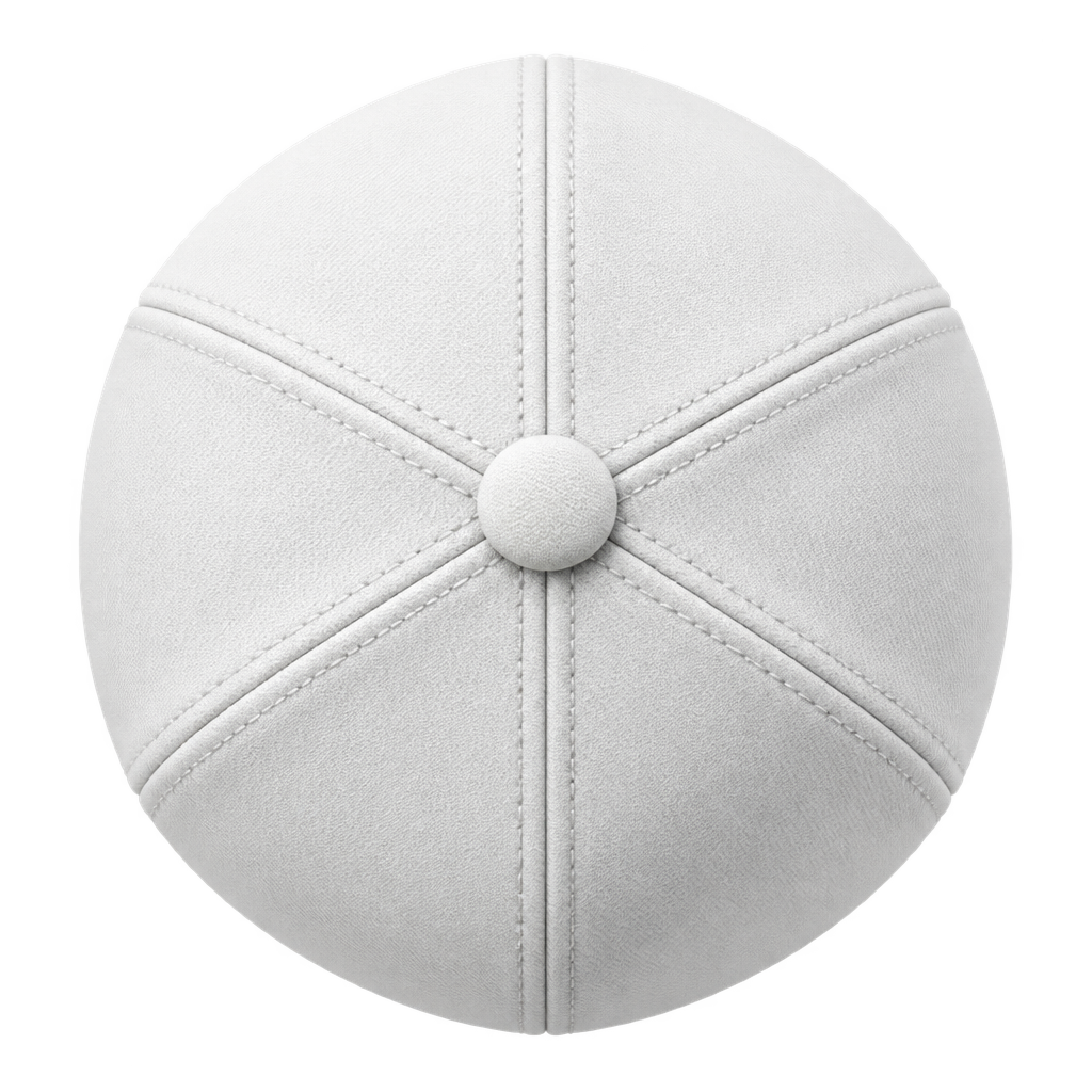 Top-view illustration of a white cap's panel seams and covered button.