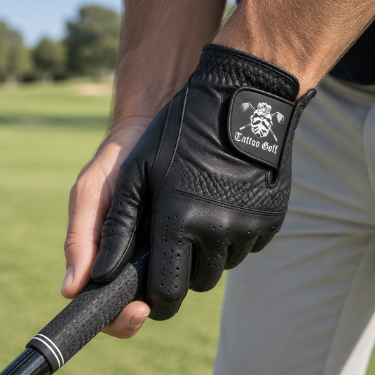 Black-gloved hand gripping a golf club.