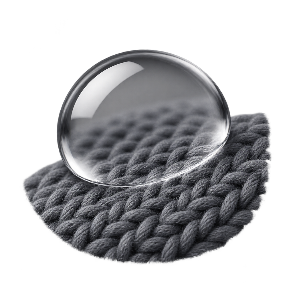Illustration of a clear water droplet on grey knitted fibers.