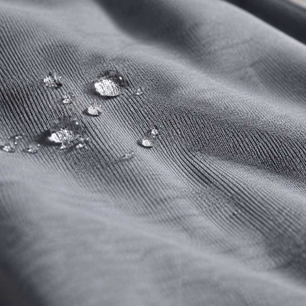 Illustrative close-up of water droplets beading on grey fabric.