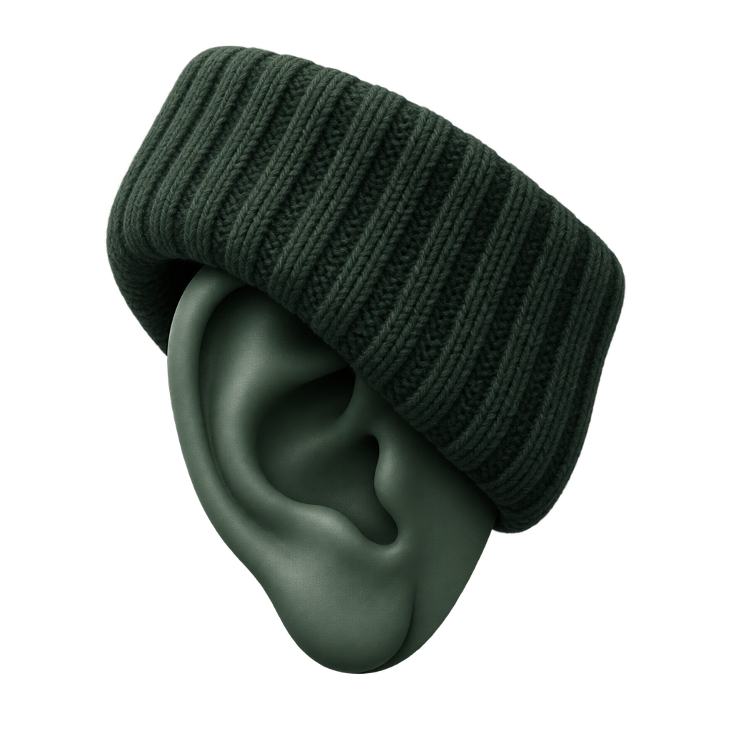 Illustration of a green rib-knit cuff covering the top of an ear.