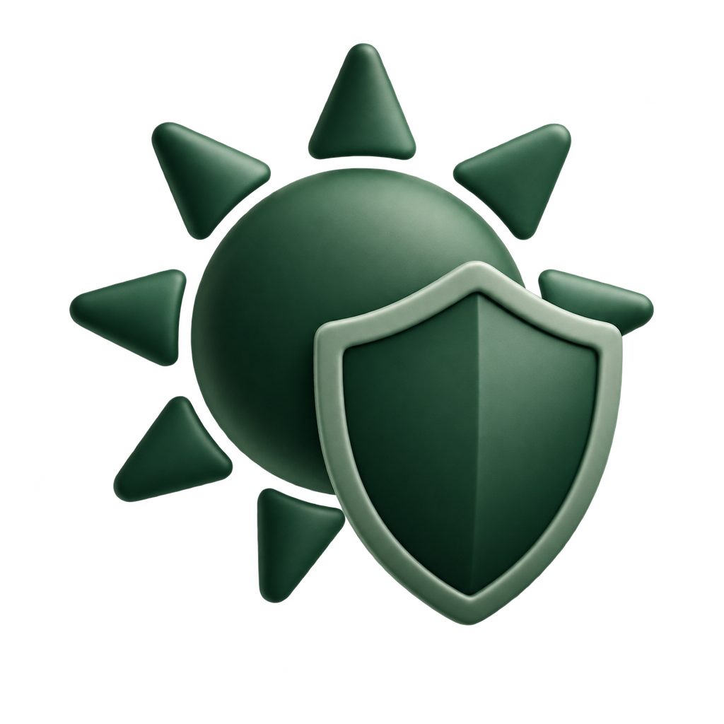 Green sun-and-shield icon.