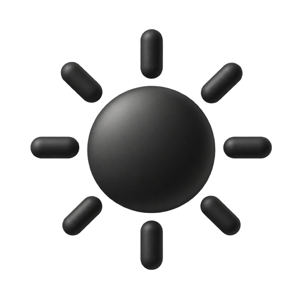 Black sun icon with rounded rays on a dark background.