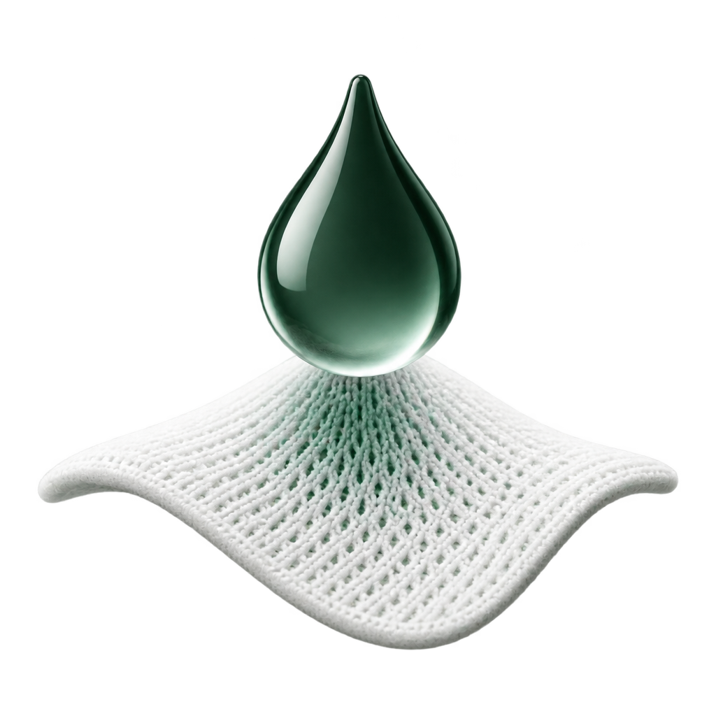 Illustration of a green water droplet above a white mesh swatch.